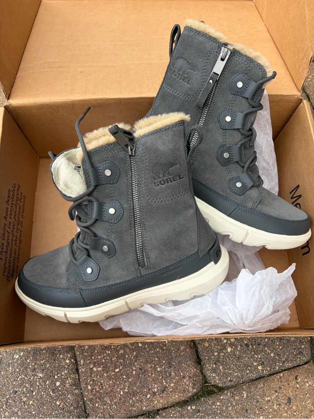 Sorel Gray Suede Lace-Up Zip Winter Boots with Cream Fur Collar